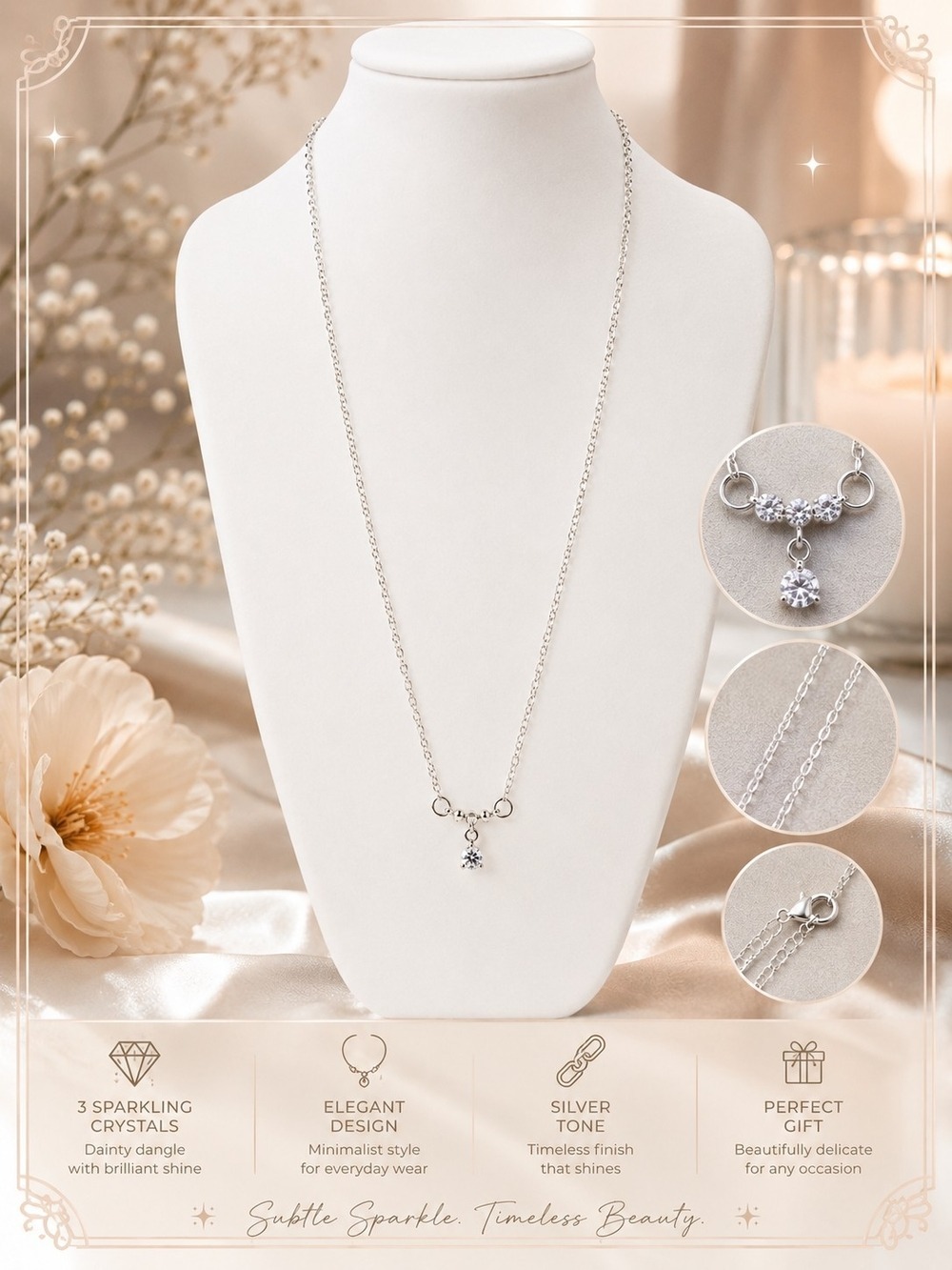 Silver Tone Clear Crystal Y-Drop Pendant Necklace
